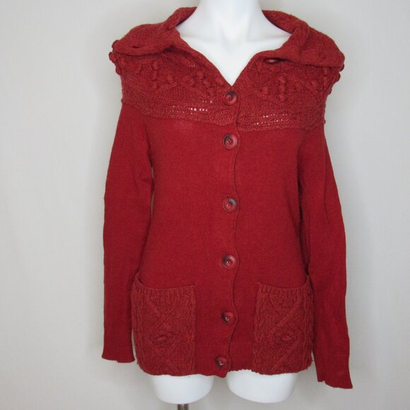 Sleeping On Snow Anthropologie Red Cablepom Cardigan Sweater Women's S Small - Picture 1 of 9